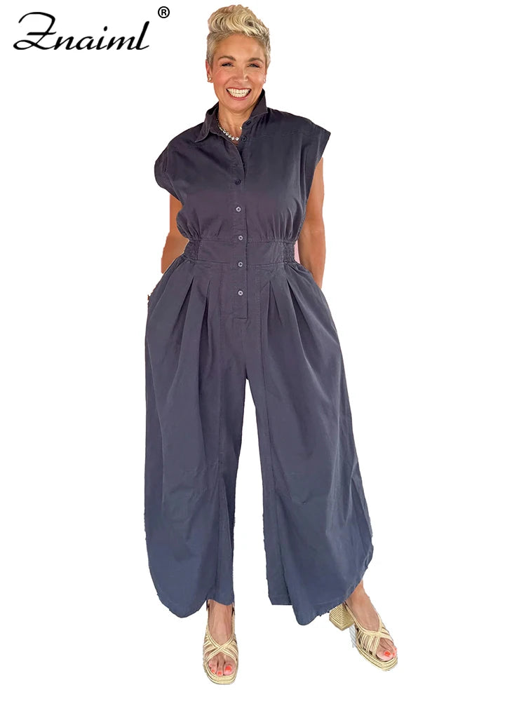Znaiml Casual Loose Pocket Jumpsuit Women Sleeveless Button High Waist Wide Leg Rompers Street Overalls One Pieces Cargo Pants