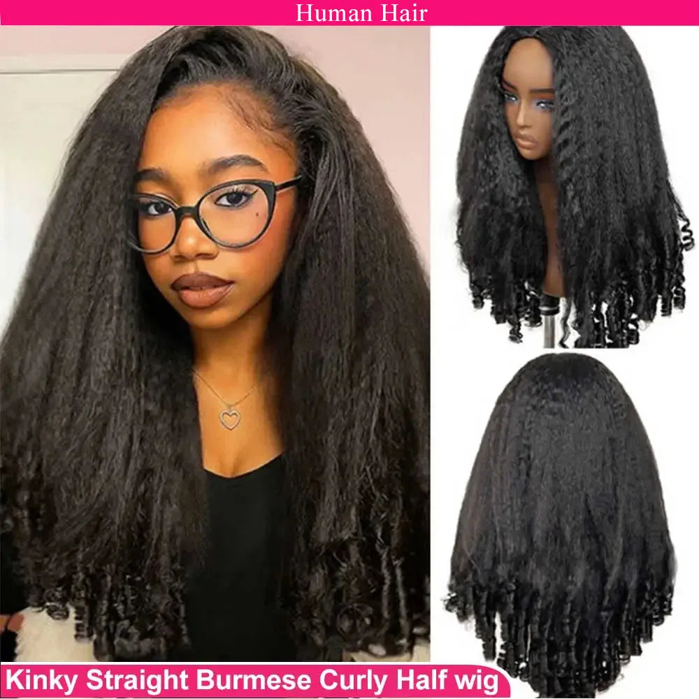 Glueless Kinky Straight Human Hair Half Wig For Women
