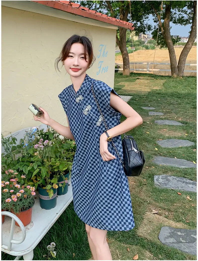 Checkered Ethnic Style Summer Lightweight A Line Dress for Women