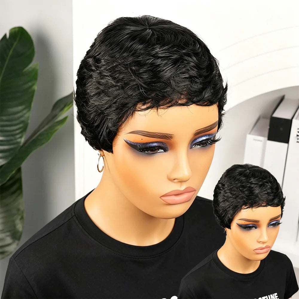 Short Pixie Cut Human Hair Wig With Bangs for Women