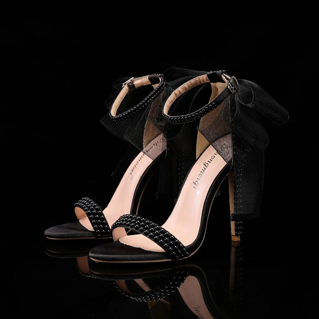 Elegant Pearl Beaded Mesh Bowknot Sandals for Women