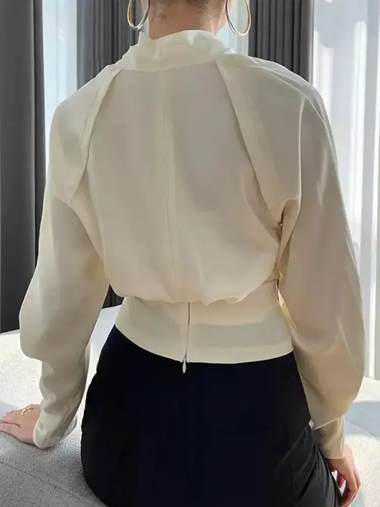 Women's Long Sleeves Solid Color Zipper V-neck Blouses Tops Urban Fashion Pleated Casual Office T-shirts