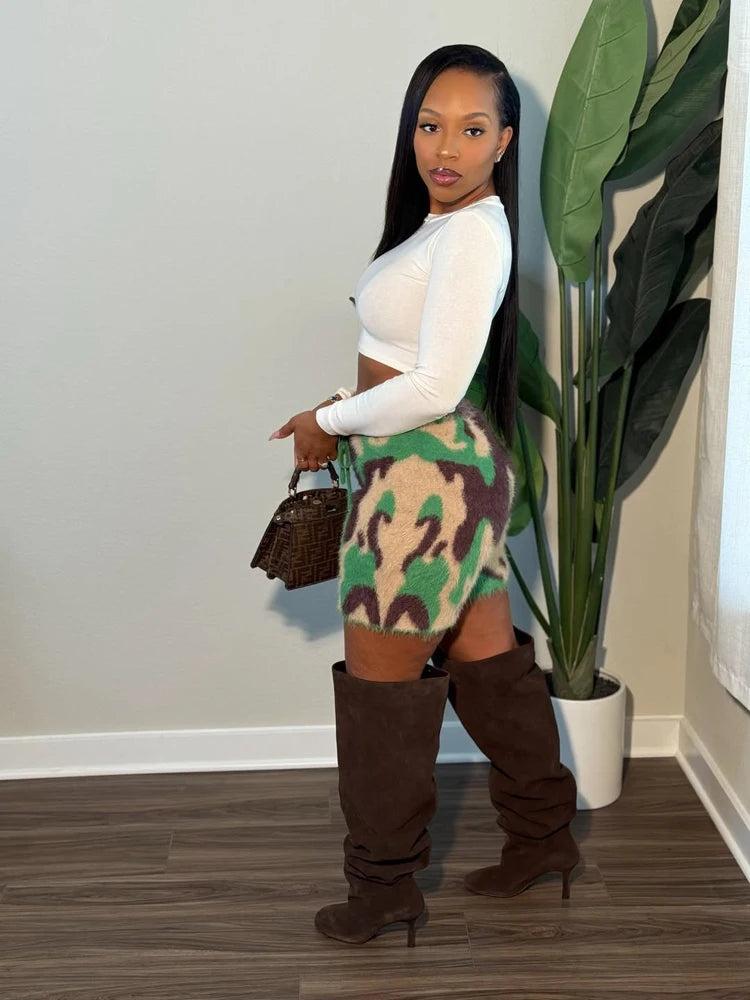 Fuzzy Camo High Waist Drawstring Shorts for Women