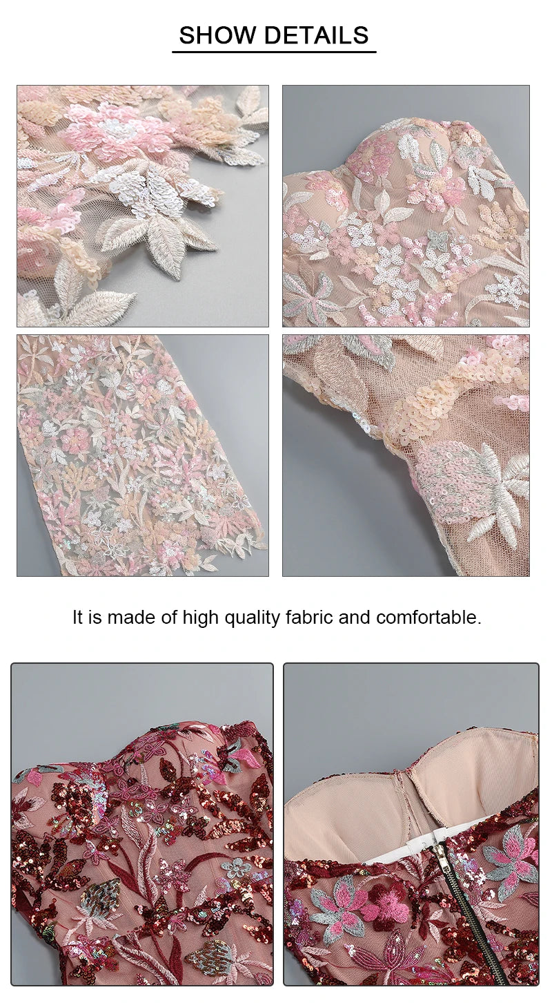 Floral Embroidery Sequin Patchwork Mesh Long Backless Dress for Women