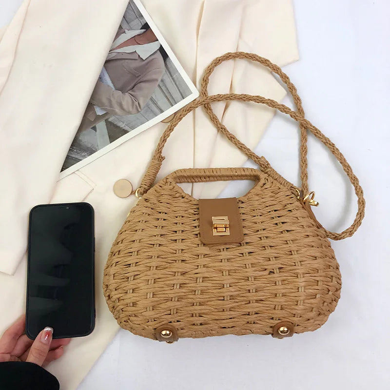 Trendy Handwoven Wicker Straw Shoulder Bag for Women
