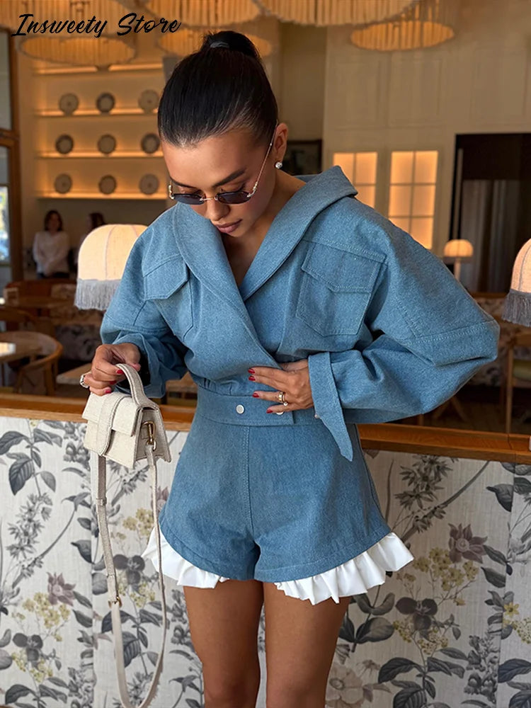 Lapel Jacket and Ruffle Hem Shorts Two-Piece Set for Women