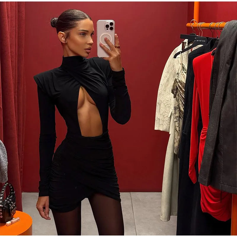 Women Sexy Hollow Out Pleated Mini Dress Fashion Solid Half High Collar Full sleeve Short Dresses Lady 2025 Chic Party Robes