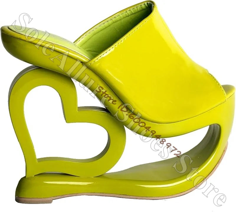 Patent Leather Heart Hollow Sculptural Wedge Mules for Women
