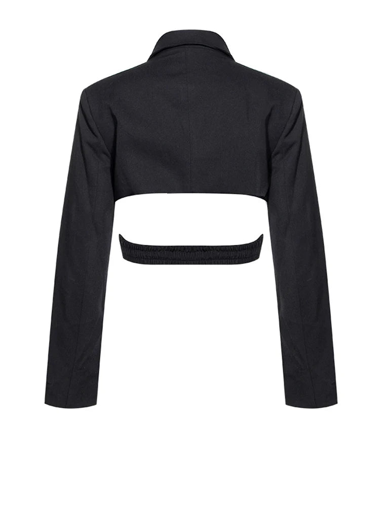 [EAM]  Women Black Cross Bandage Short Blazer New Lapel Long Sleeve Loose Fit  Jacket Fashion Tide Spring Autumn 2025 1T126