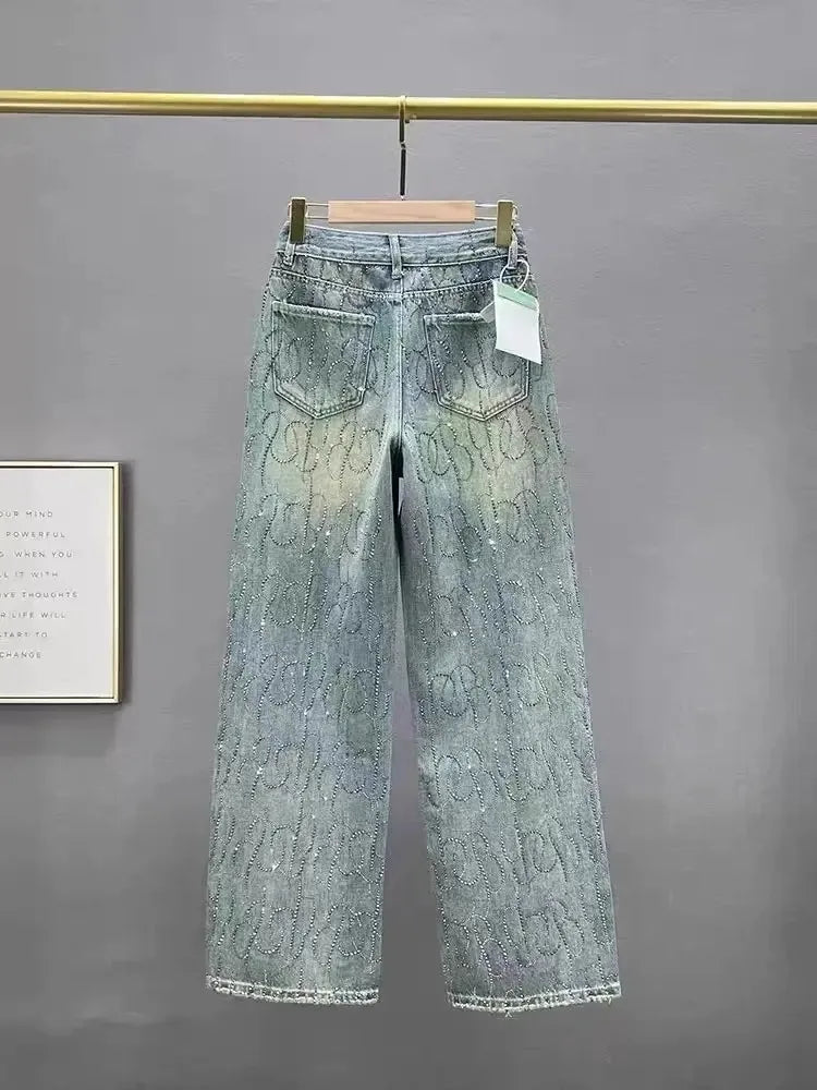Shiny Diamond Accent High Waist Wide Leg Denim Jeans for Women