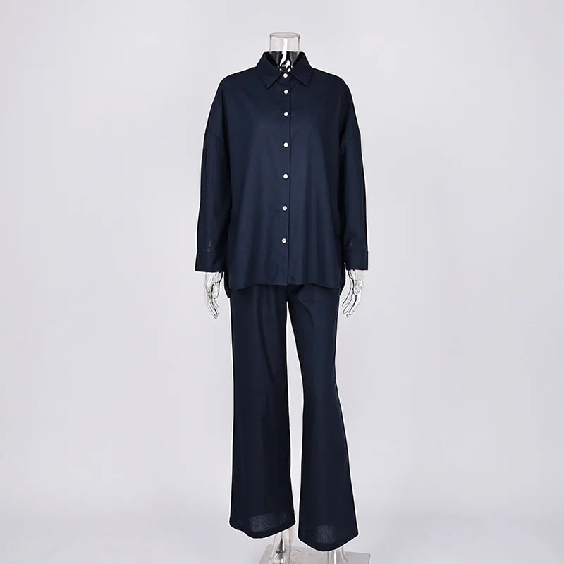 Casual Solid + Shirt and Wide Leg Pants Set + for Women