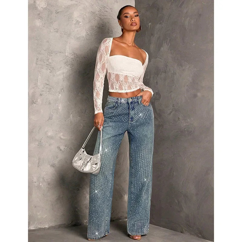 Rhinestone Decor High Waist Stretch Denim Jeans for Women