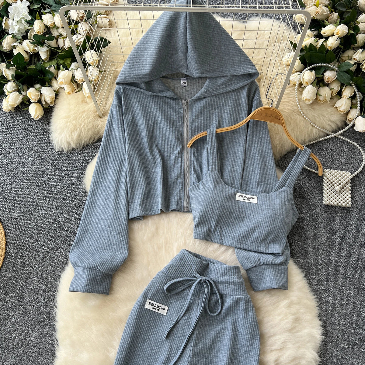 Sporty Three Piece Hoodie, Camisole and Pants Set for Women
