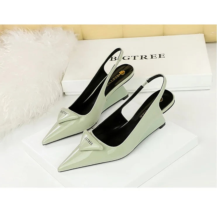 Patent Leather Wedge Heel Pumps With Back Strap for Women