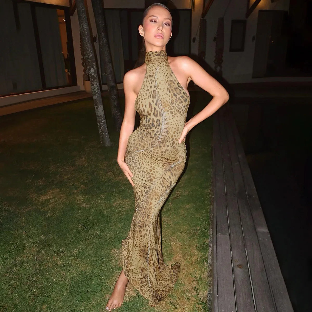 Halter Neck Leopard Print Backless Maxi Dress for Women