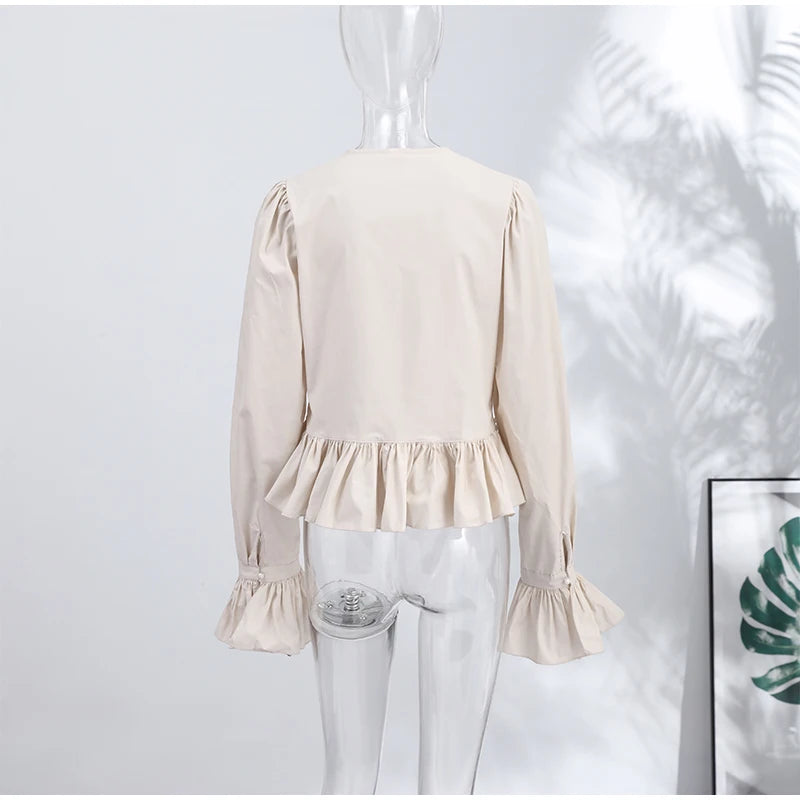 Chic Solid Ruffle Pleated Puff Sleeve Shirt for Women
