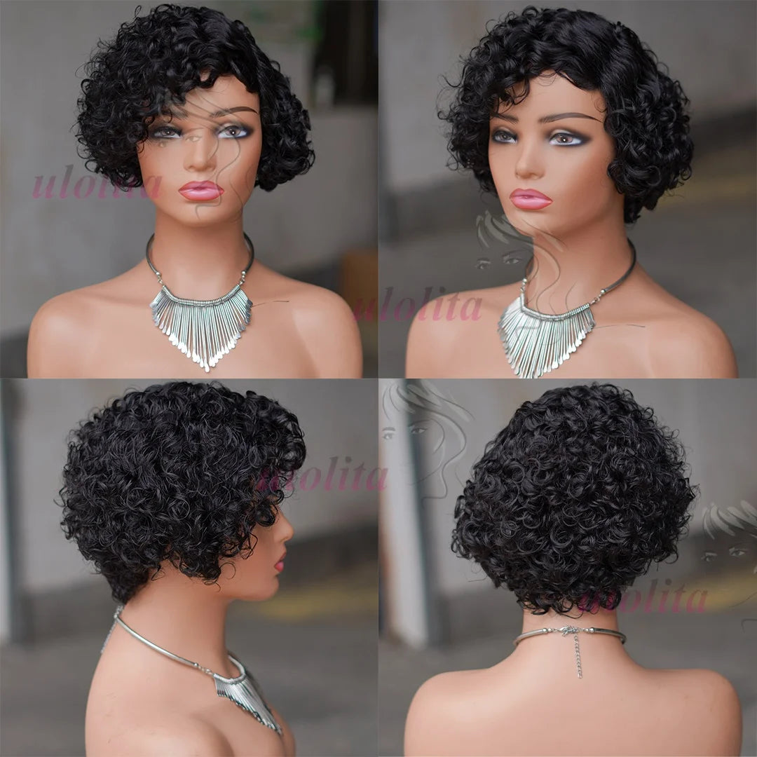 Ombre Pixie Cut Curly Bob Human Hair Wig for Women