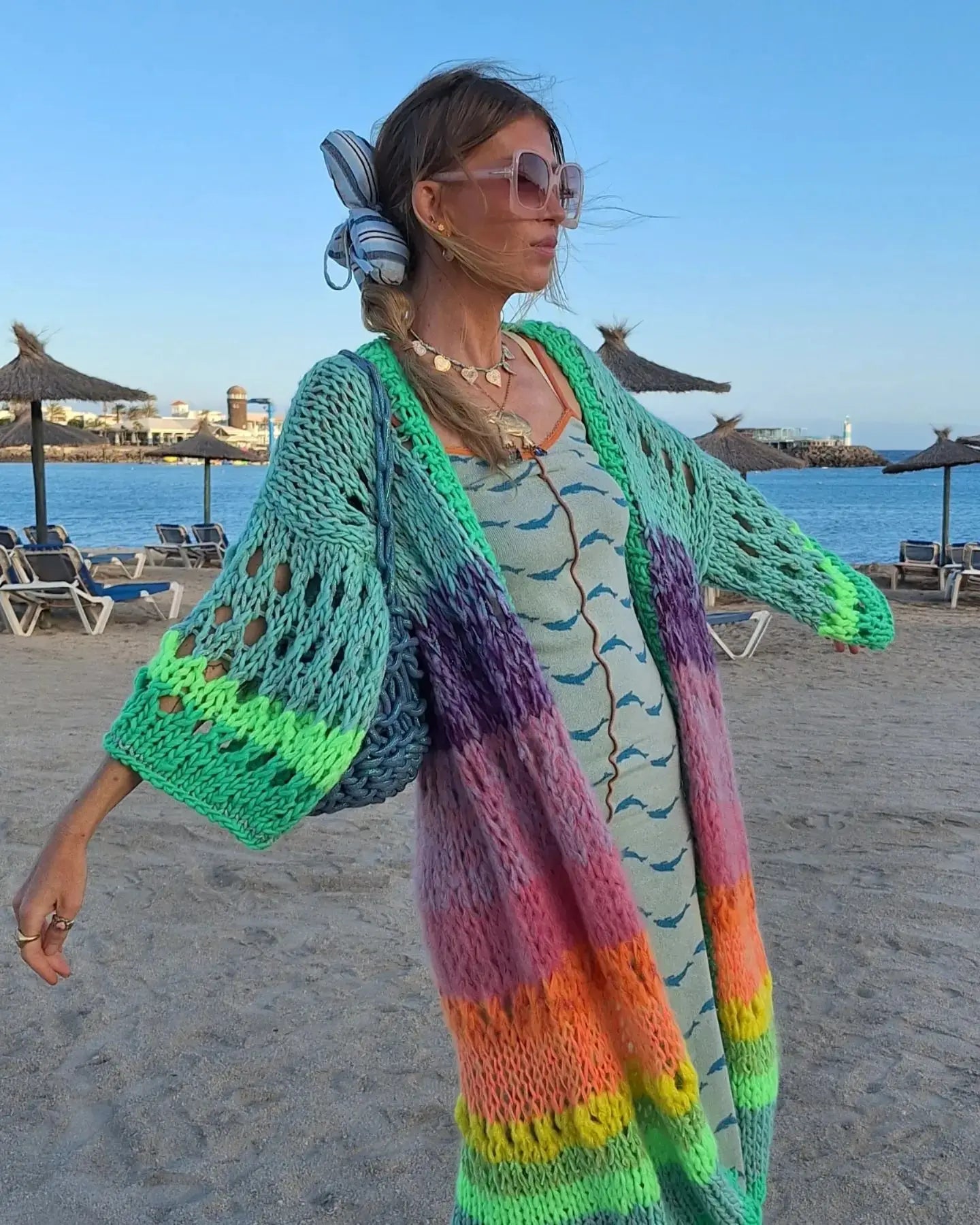 Boho Colorful Luxuriously Handknit Bell Sleeve Crochet Loose Kimono Cardigan 2024 Women Fall Winter Coat Beach Coverup Dress K12