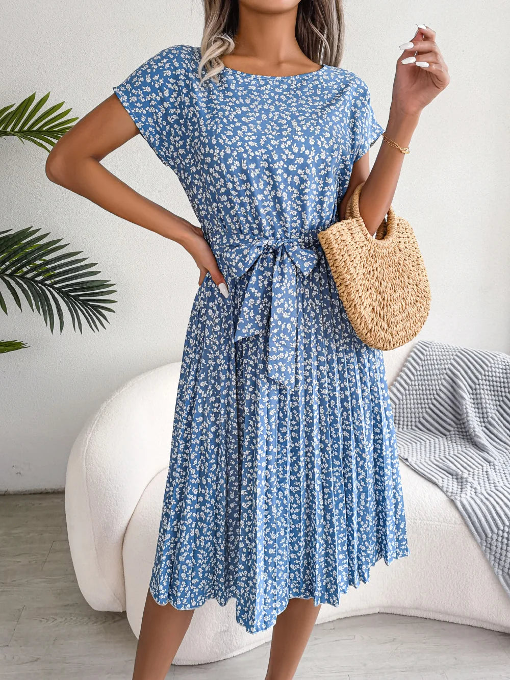 Chic Casual Pleated Short Sleeve Midi Dress for Women