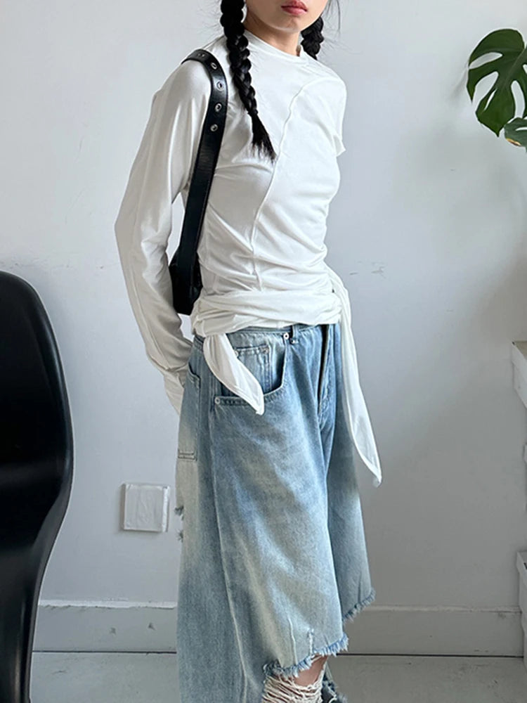 [EAM] Women White Irregular Hem Elegant Long Slim T-shirt New Round Neck Long Sleeve Fashion Tide Spring Autumn 2025 1DJ0097