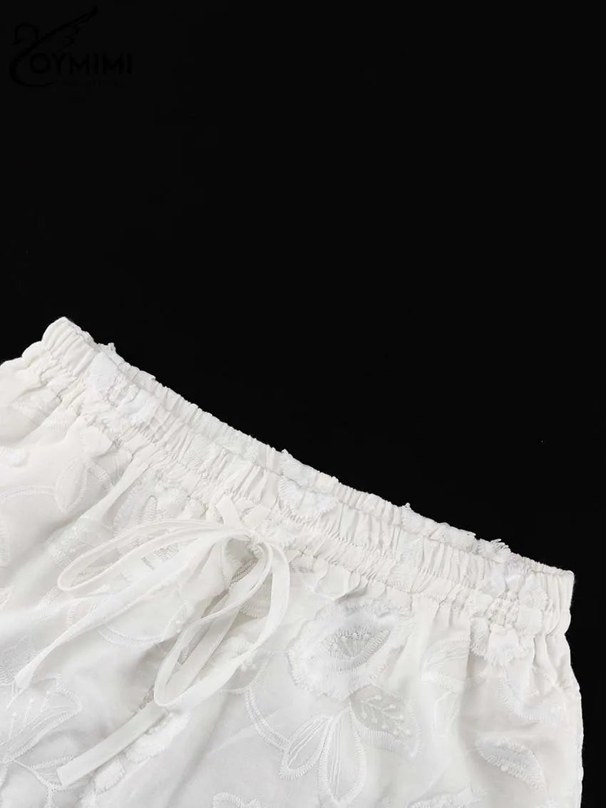 Oymimi Summer White Cotton 2 Piece Sets Women Outfit Casual Jacquard Button Wrist Sleeve Shirts And High Waist Shorts Female Set