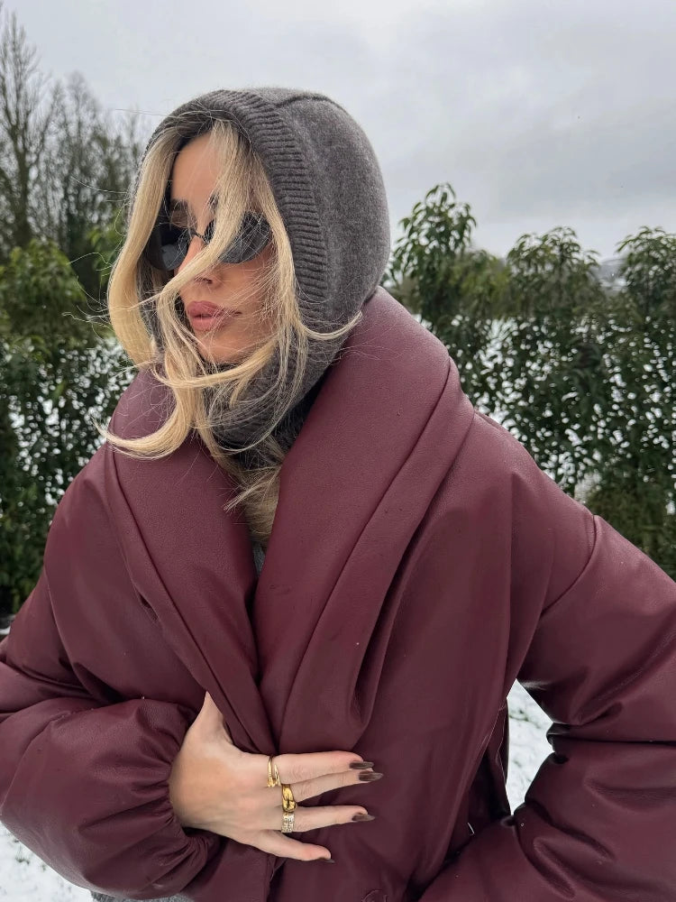 PU Leather Women's Cotton Coat Vintage Laple Full Sleeve Thicken Pockets Female Parka Jackets 2025 Autumn Winter Lady Streetwear