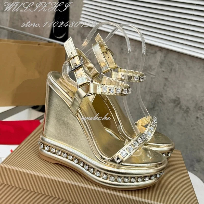 Crystal Border Purple Leather Wedge Platform Shoes for Women