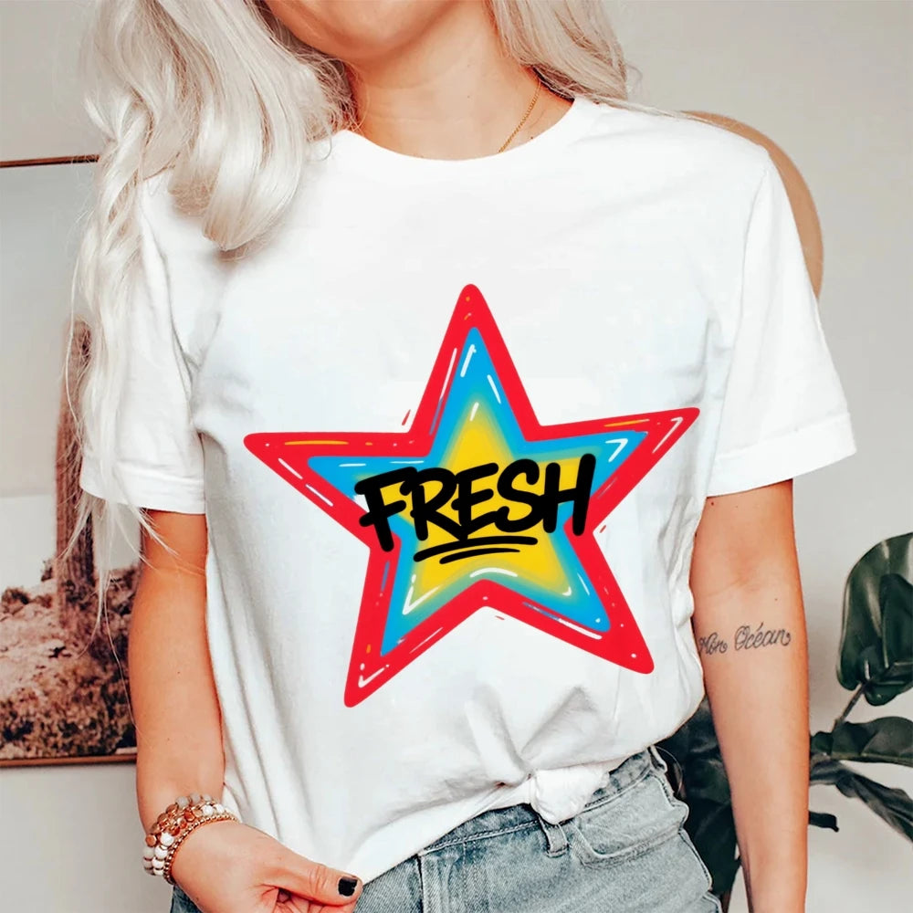 Graffiti Style FRESH Colorful Star Graphic Tee Casual White T-Shirt with Vibrant Gradient Star Design for Trendy Urban Fashion