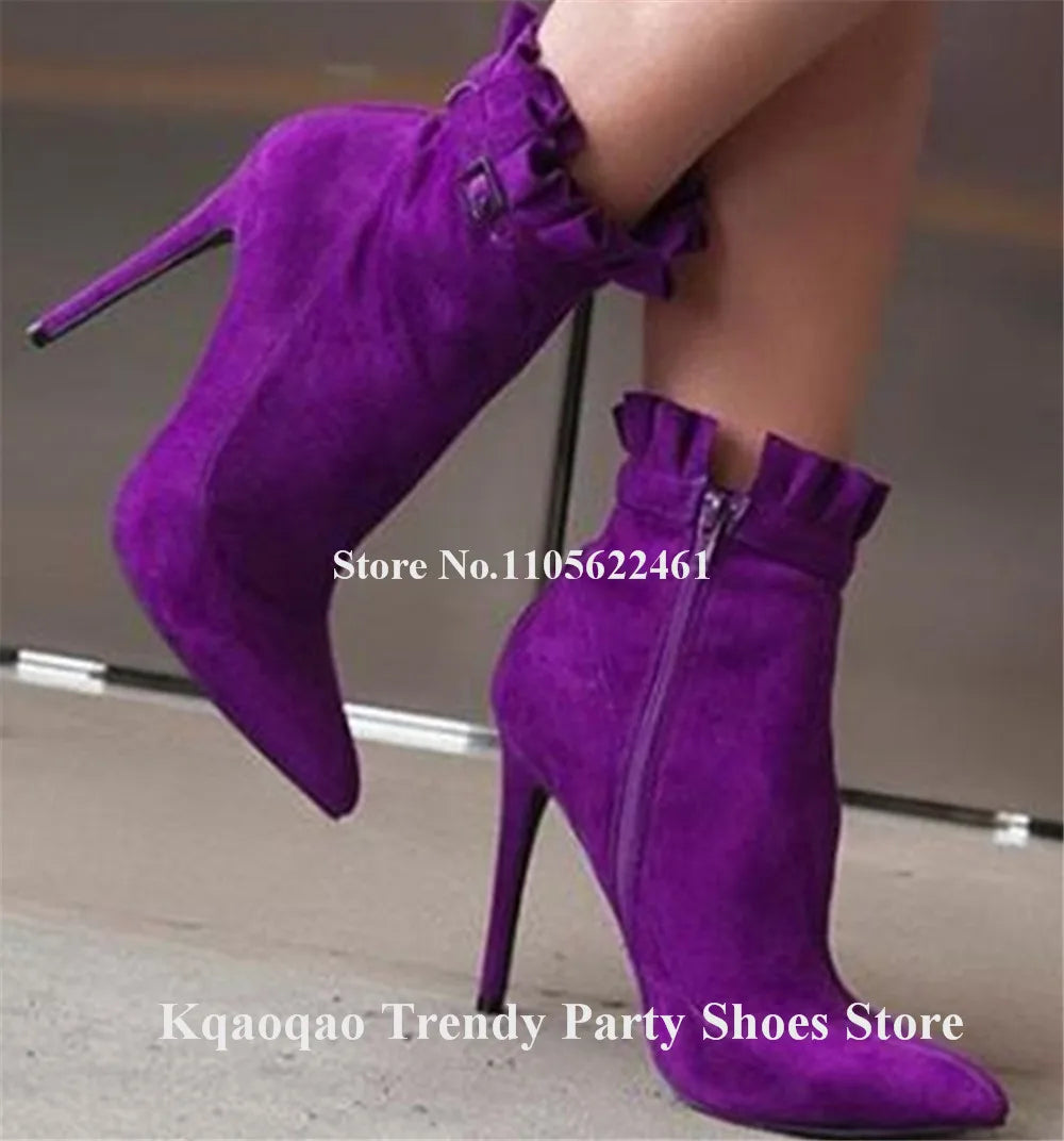 Elegant Suede Ruffle Stiletto Ankle Boots for Women