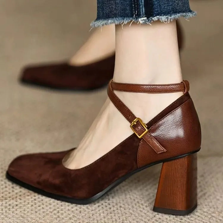 Block Heel Suede Paneled Vintage Mary Janes with Cross Strap for Women