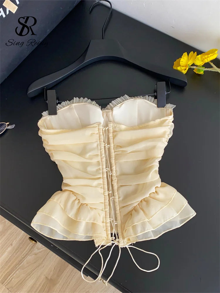 Ruched Lace Strapless Chiffon Corset Top for Women