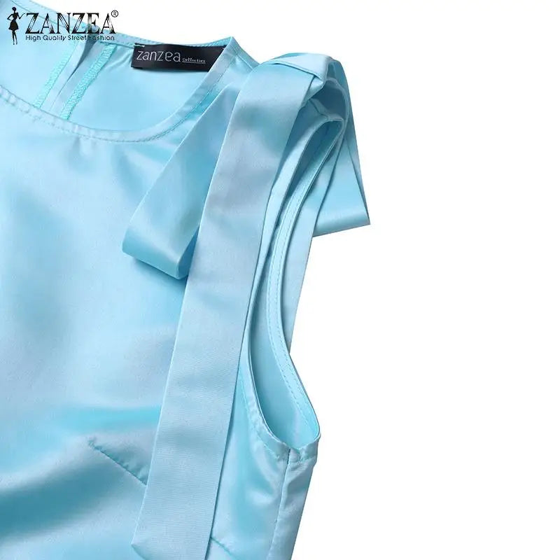 ZANZEA Women Elegant Sleeveless Mini Dress Korean Decor Flower Bow Tank Robe 2024 Autumn Round Neck Vestidos Holiday Party Dress