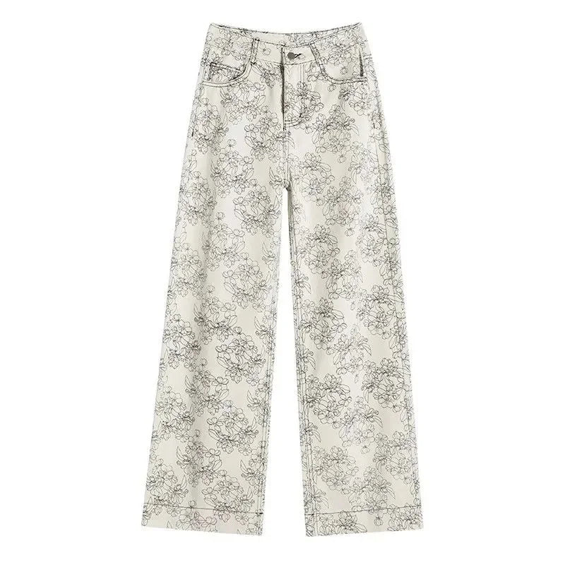 High Rise Wide Leg Printed Denim Pants For Women