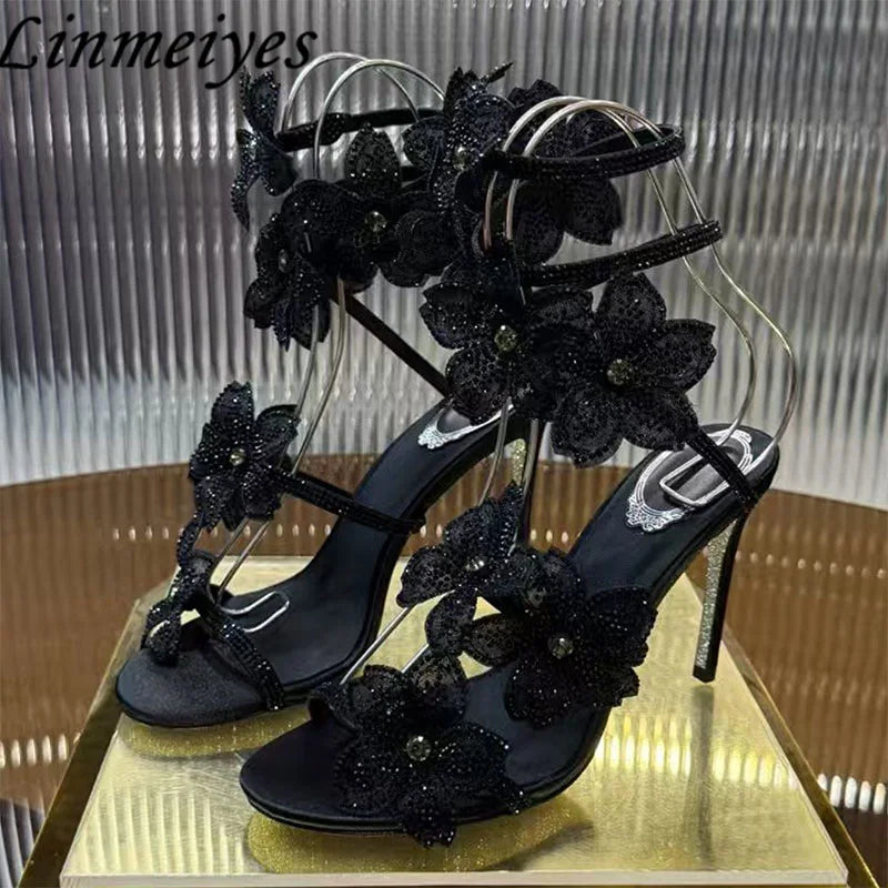 Rhinestone Flower Embellished Wedding High Heel Sandals for Women