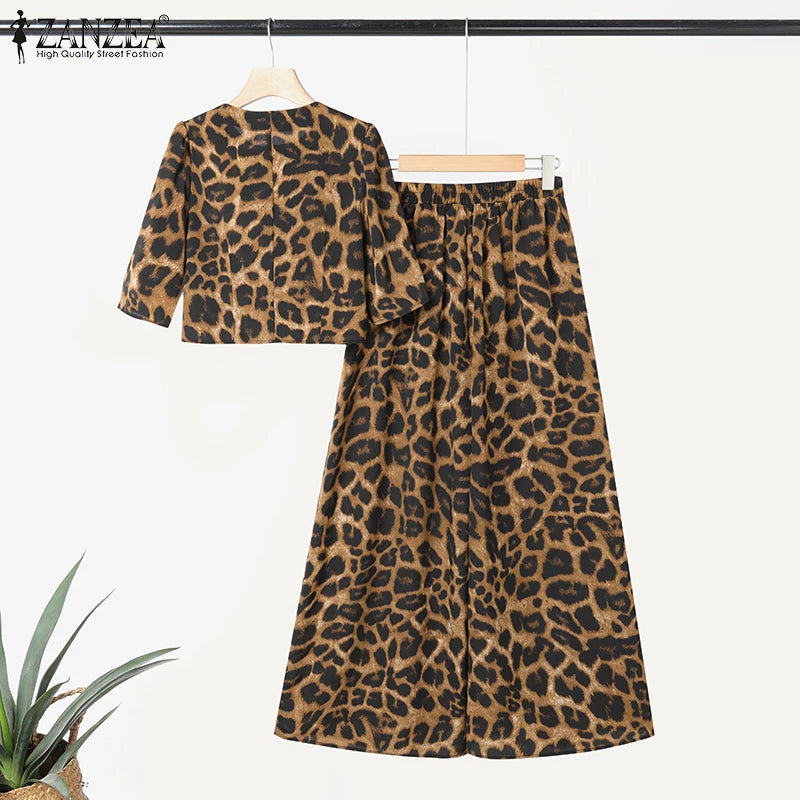 Leopard Print Puff Sleeve Pants Set