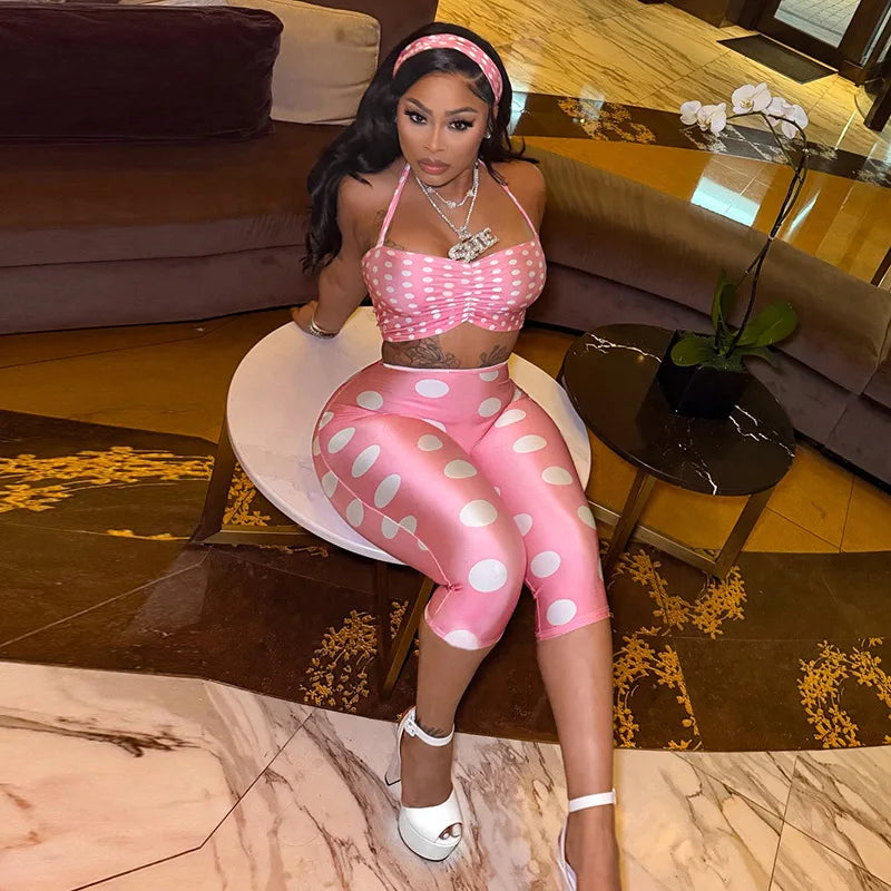 Polka Dot Two Piece Set with Halter Crop Top and Shorts for Women