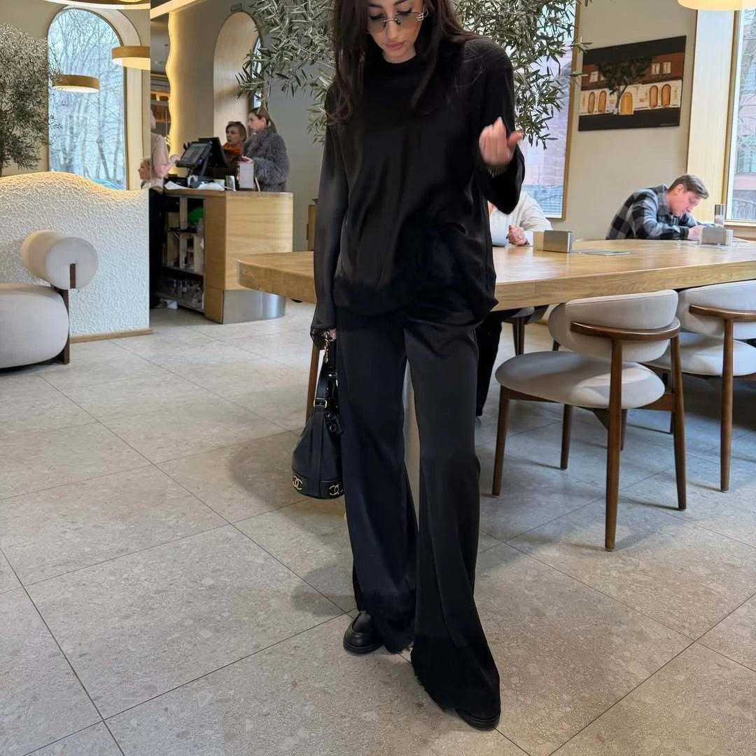 Elegant Lace Satin Wide Leg Pants Two Piece Set for Women