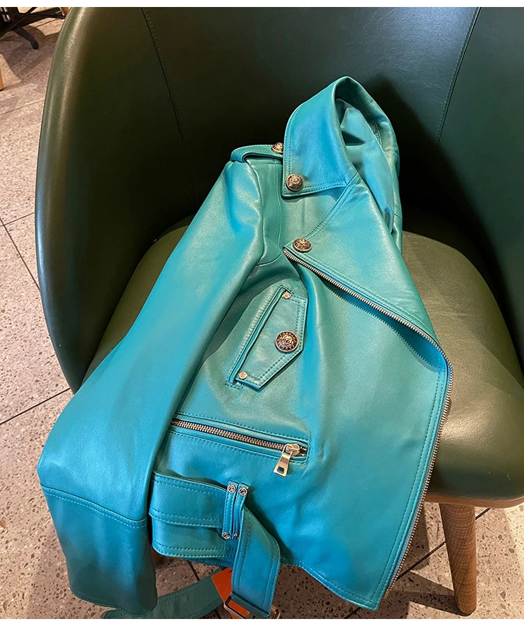 Bright Green Faux Leather Biker Jacket With Adjustable Waist For Women