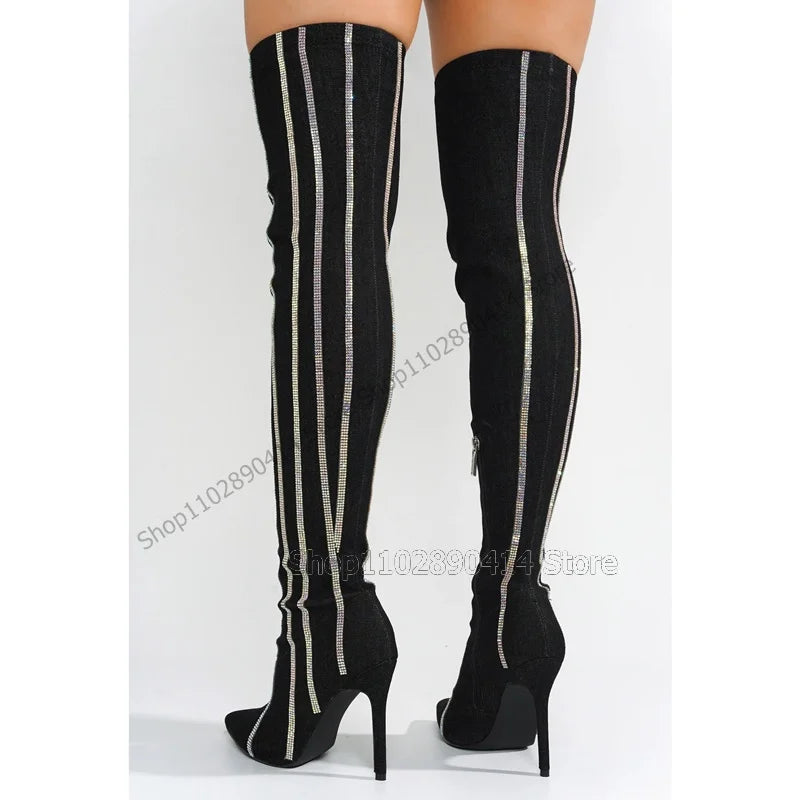 Crystal Striped Pointed Toe Side Zipper Boots for Women