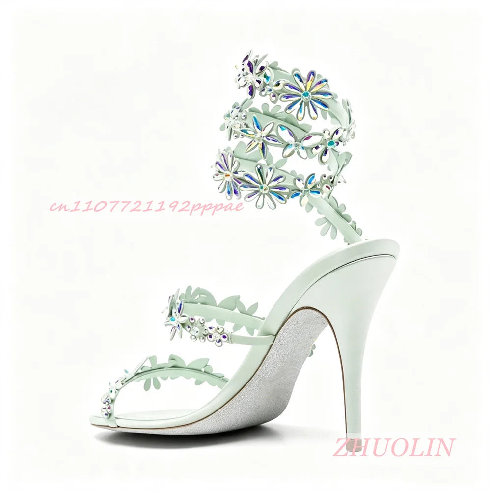 Rhinestone Floral Open Toe Stiletto Wedding Sandals for Women