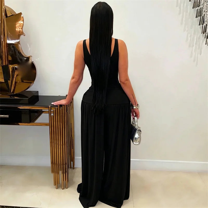 Chic Sleeveless V Neck Jumpsuit With Ruched Hollow Out for Women