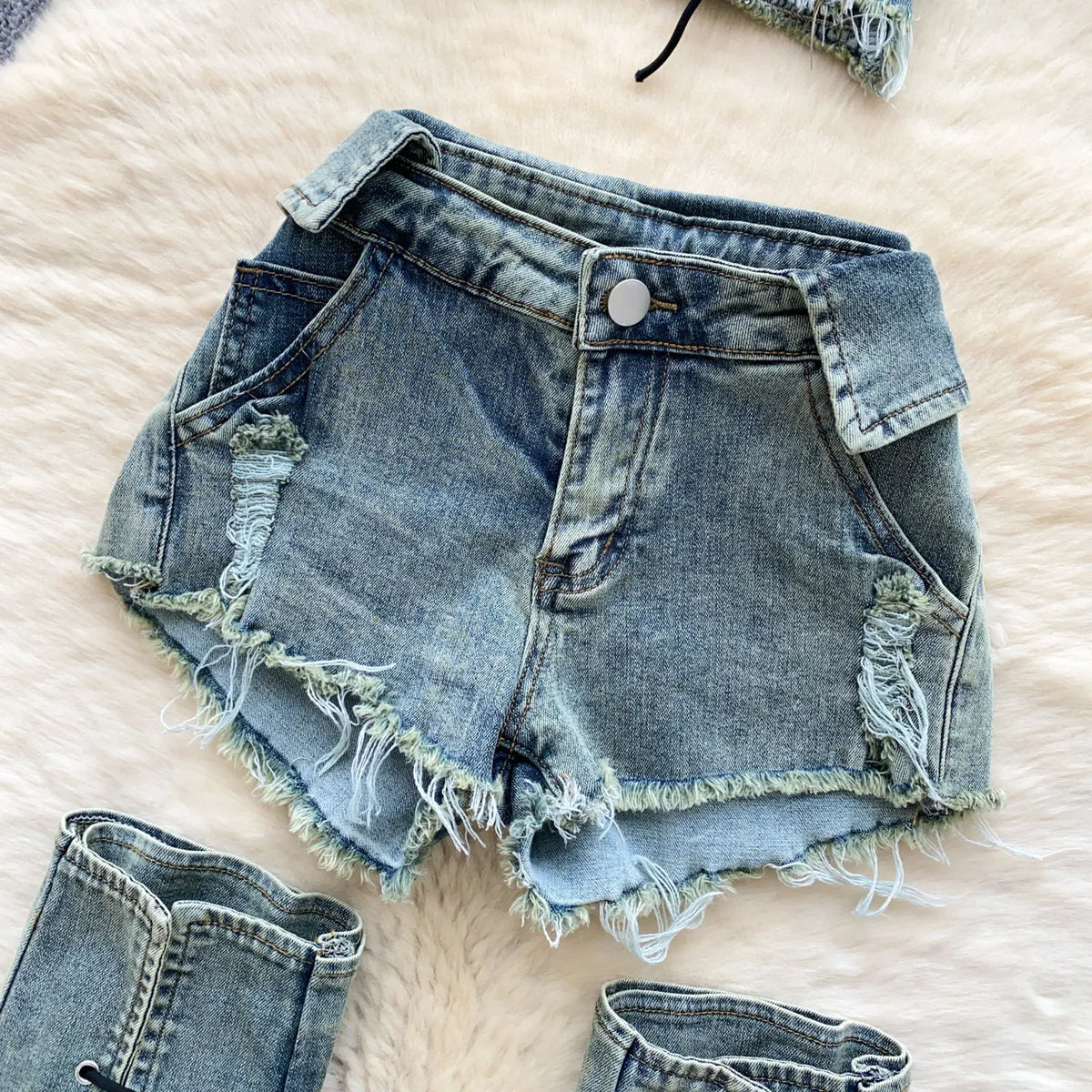 Edgy Summer Denim Three Piece Set With Shorts for Women