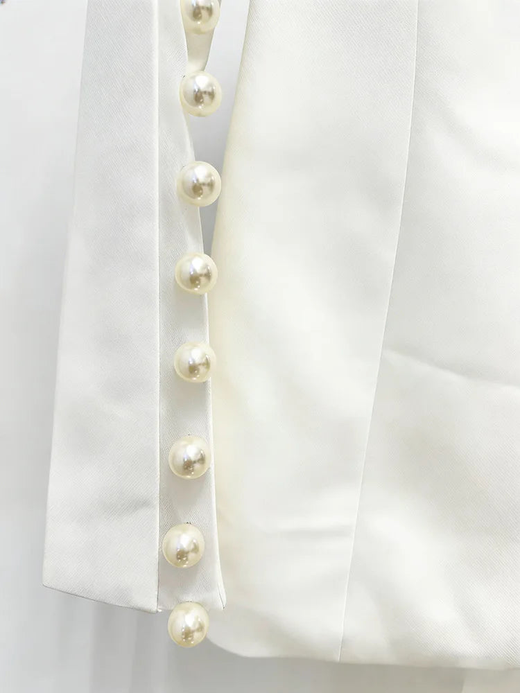 HIGH STREET Newest 2026 Designer Runway Suit Set Women's Pearls Beaded Gauze Patchwork Slim Fitting Blazer Pants Set