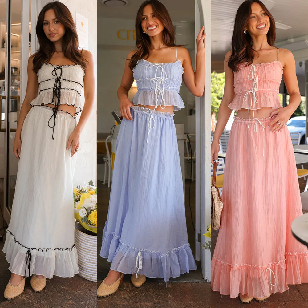 Pleated Bow Suspender Top and Skirt Two Piece Set for Women