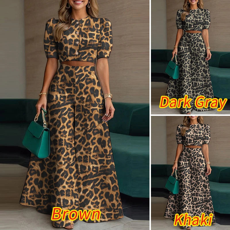 Leopard Print Puff Sleeve Pants Set