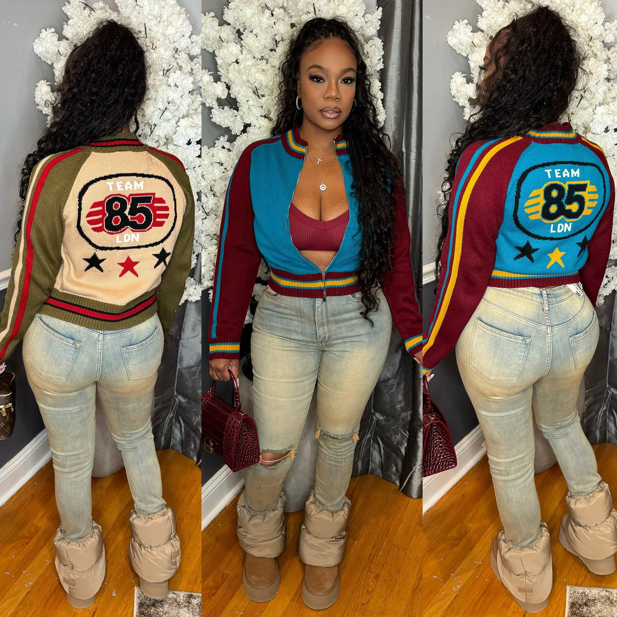 Warm Knitted Cropped Varsity Sweater Jacket for Women
