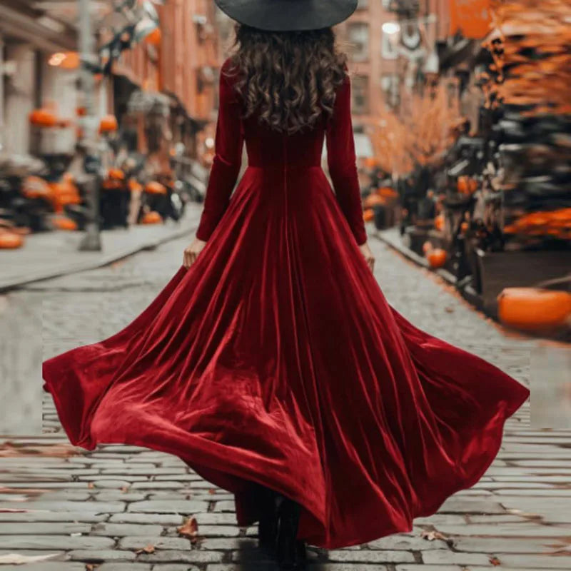 Elegant Velvet Long Sleeve A Line Maxi Dress for Women