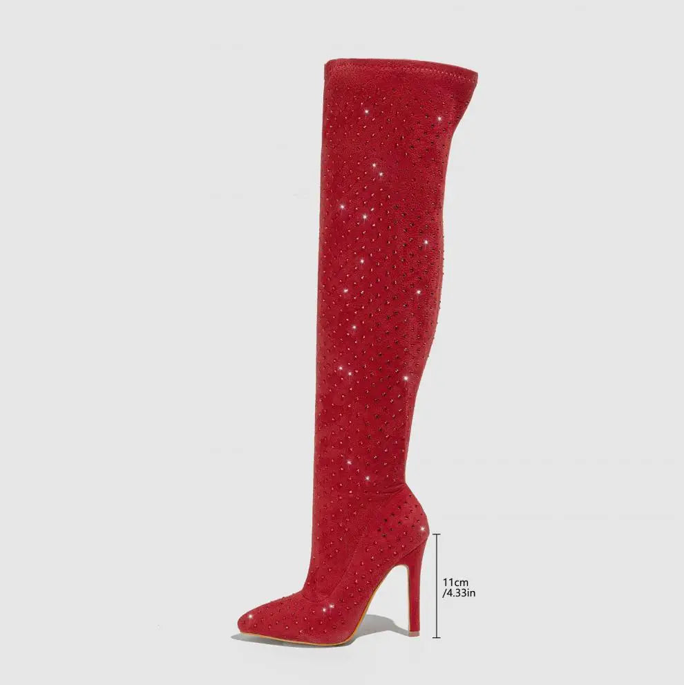 Stylish Suede Over The Knee Rhinestone Pointed Toe High Heel Boots for Women