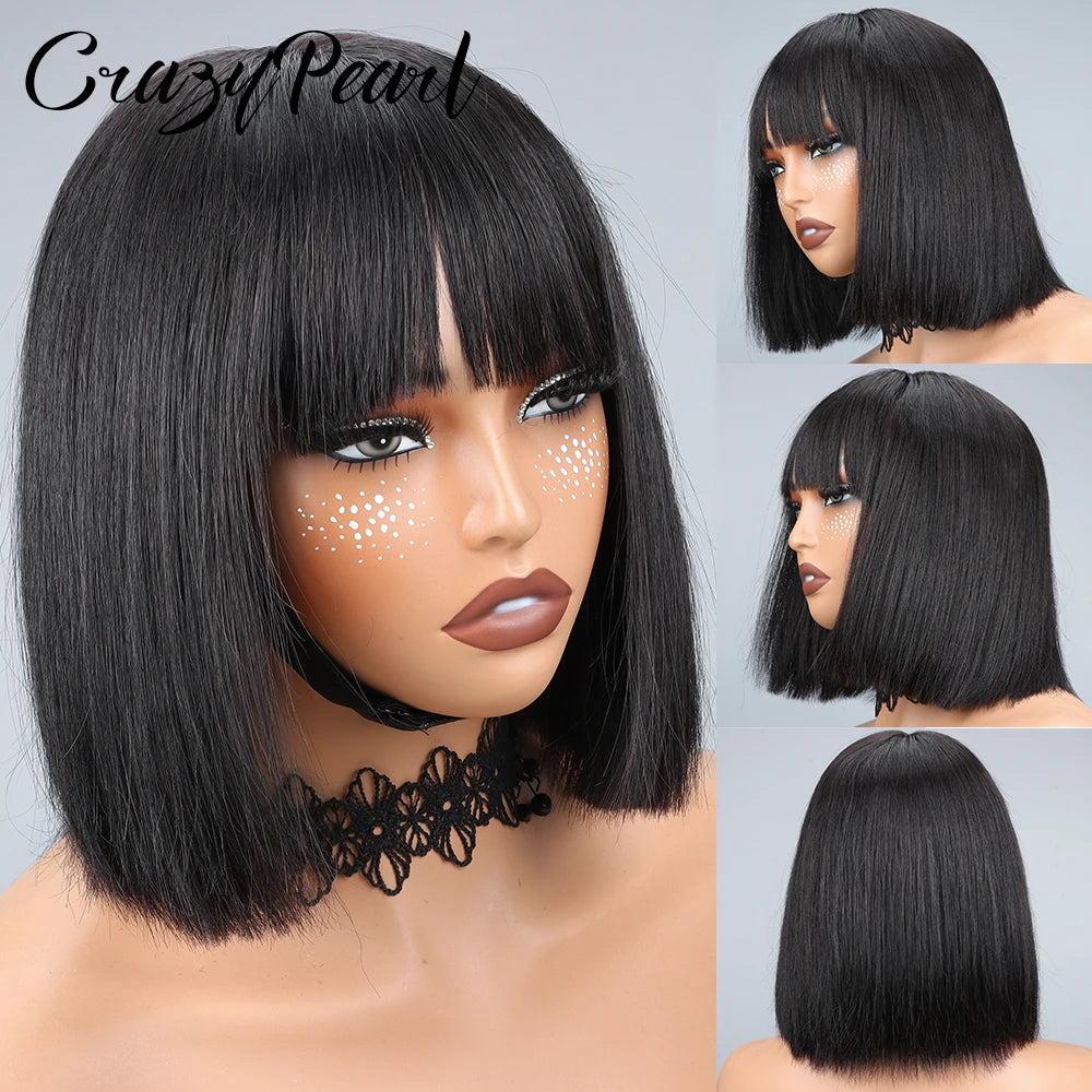 Straight Short Bob Human Hair Wig with Bangs for Women