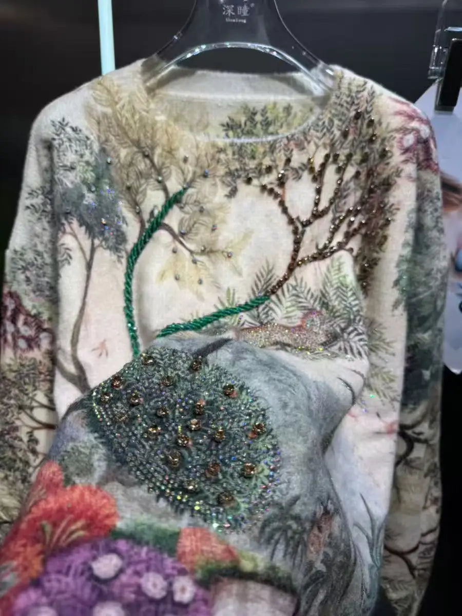 Crystal Embroidered Cozy Loose Knit Sweater for Women